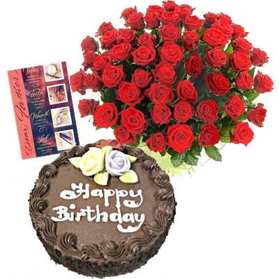 Sweet Moments - 25 Red Roses + Chocolate Cake 1kg + Card