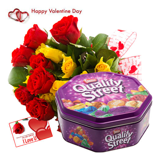 Heart of Chocolates - 20 Red & Yellow Roses + Nestle Quality Street + Card