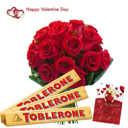 Valentine Sweet Gift - 10 Red Roses Bouquet + 3 Toblerone 100 gms each + Card