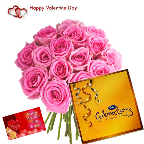 Love Celebration - 12 Pink Roses + Cadbury's Celebrations Pack + Card