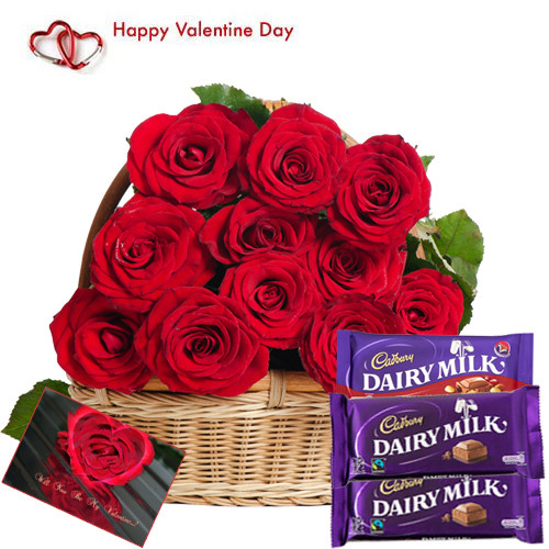 Cadbury with Roses - 15 Red Roses Basket + 2 Dairy Milk + Cadbury Fruit & Nut + Card