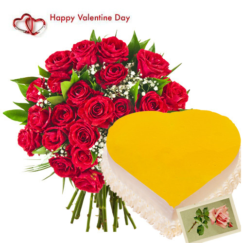 Valentine Memories - 20 Red Roses + Pineapple Heart Cake 1 kg + Card