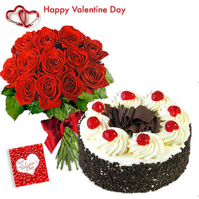 Valentine Love Combo - 10 Red Roses + Black Forest Cake 1/2 kg + Card
