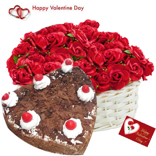 Heartly Gift - 50 Red Roses Basket, 1 Kg Heart Shape Black Forest Cake and Card