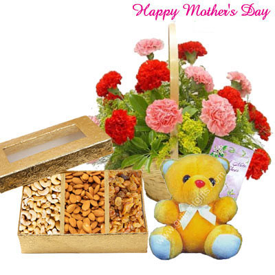 Mother's Delight - 20 Pink and Red Carnations in Basket, Assorted Dryfruit Box, Teddy 6" and Card