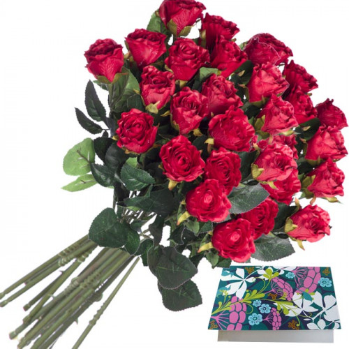 Red Bunch 25 Artificial Red Roses + Card