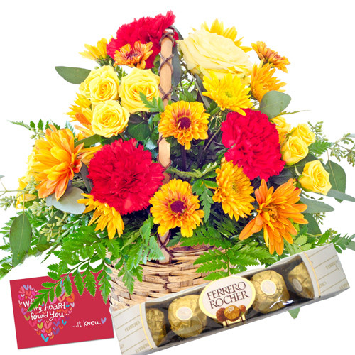 Special Basket - 6 Yellow Roses & 6 Gerberas in Basket + Ferrero Rocher 4 pcs + Card