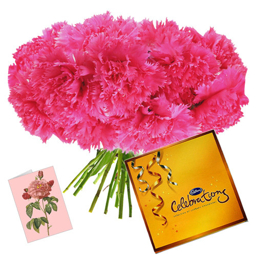 Beauty of Pink - 15 Pink Carnations Bouquet + Cadbury's Celebrations 128 gms + Card