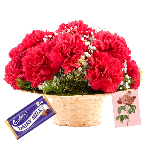 Sweet Sentiments - 10 Red Carnations Basket + Dairy Milk + Card