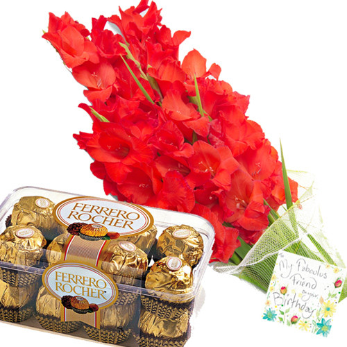 Sweet & Lovely - 12 Red Gladiolus + Ferrero Rocher 16 pcs + Card