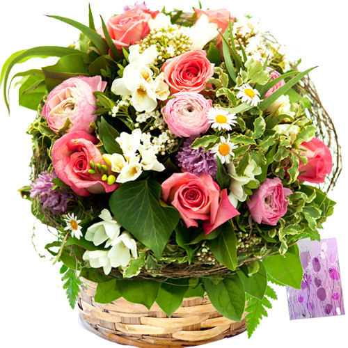 Colors of Love - 6 Gladiolus with Mix Flowers (6 Roses, 6 Carnations, 10 Gerberas) Basket + Card