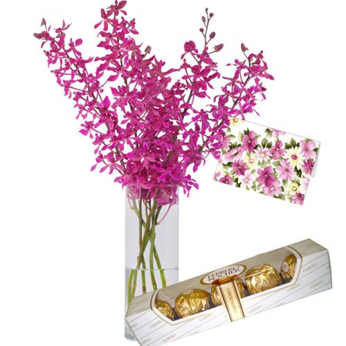 Lovely Moments - 6 Purple Orchids in Vase + Ferrero Rocher 4 pcs + Card