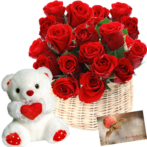 Keep Smiling - 20 Red Roses Basket + Teddy 8" + Card