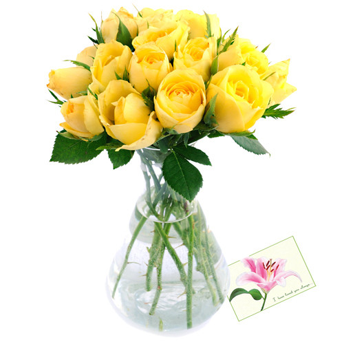 Yellow Roses - 15 Yellow Roses in Vase + Card