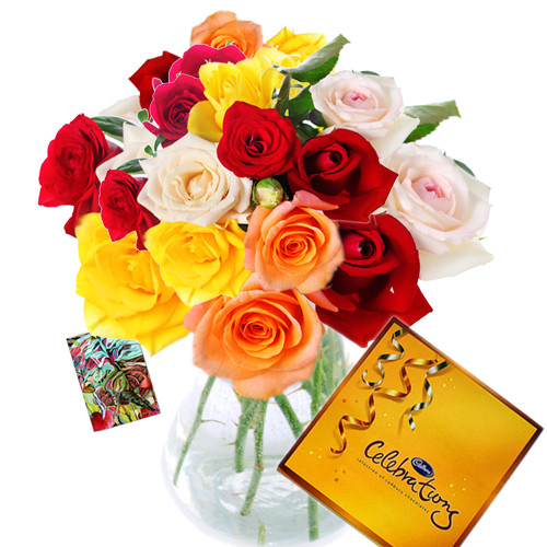 Floral Emotions - 24 Mix Roses in Vase + Cadbury's Celebrations 162 gms + Card