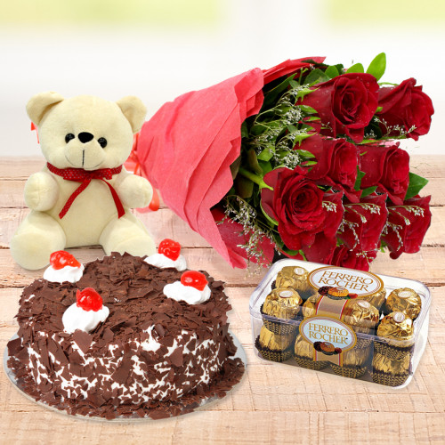 Splendid Love - 12 Red Roses + 1/2kg Cake + Ferrero Rocher 16 pcs + Teddy + Card