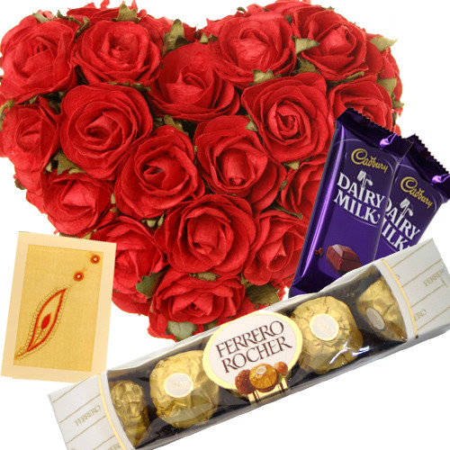 Chocos - 30 Red Roses Heart + 2 Dairy Milk + Ferrero Rocher 4 Pcs + Card