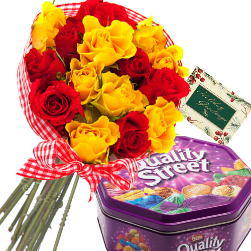 Heart of Chocolates - 20 Red & Yellow Roses + Nestle Quality Street + Card