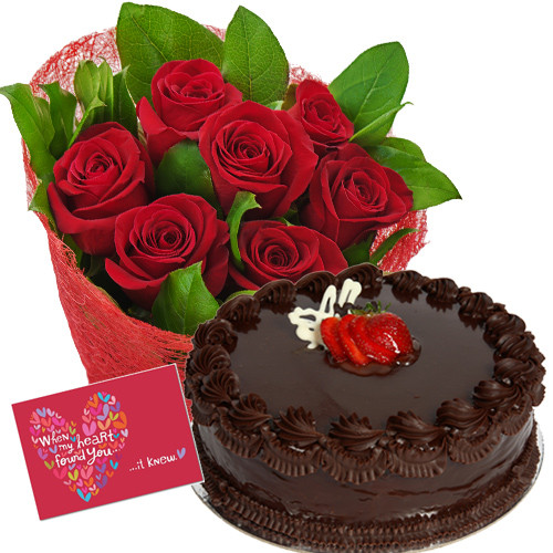 Roses N Cake - 12 Red Roses Bunch + 1/2kg Cake + Card