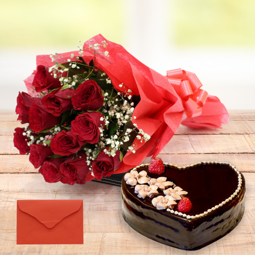 Cake Treat - 15 Red Roses + Chocolate Heart Cake 1kg + Card