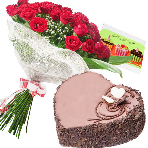 Chocolaty Love - 15 Red Roses + Heart Cake 2kg + Card
