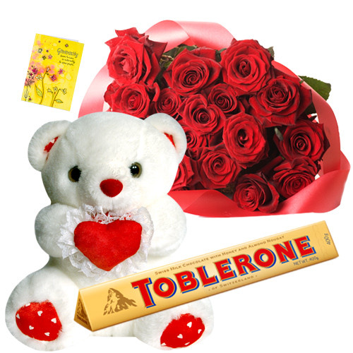 Red Heart & Teddy - 30 Red Roses + Teddy with Heart 8" + Toblerone 100 gms + Card