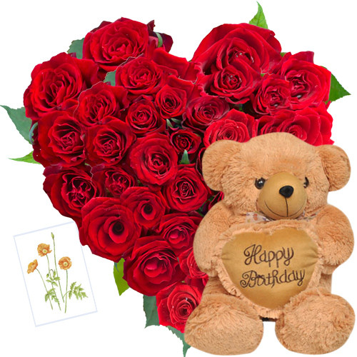 Lovable Combo - 50 Red Roses Heart Shaped + Teddy with Heart 10' + Card