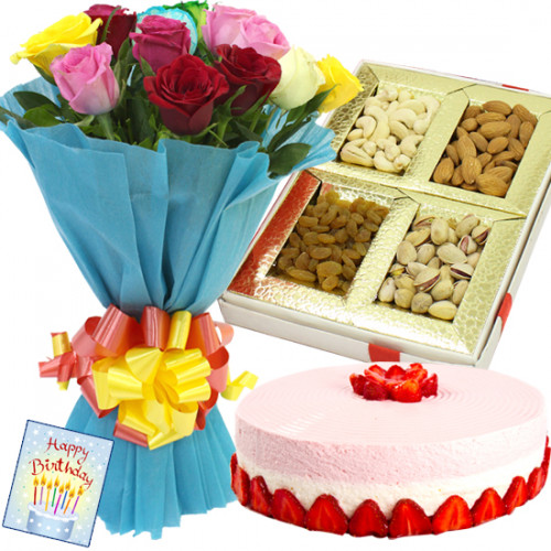 Lovely Present - 15 Multi Colour Roses + Assorted Dryfruits Box 200 Gms + 1/2 Kg Strawberry Cake + Card