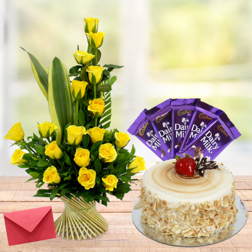 Gift With Love - 12 Yellow Roses Basket + 1/2 Kg Butterscotch Cake +  5 Dairy Milk 20 Gms Each + Card