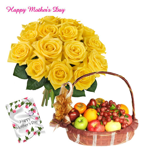 12 Yellow Roses Bouquet, 3 Kg Fruits in Basket and Mother's Day Greeting Card