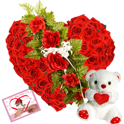 Heart Roses & Teddy - Heart Shaped Arrangement 50 Red Roses + Teddy 8' + Card