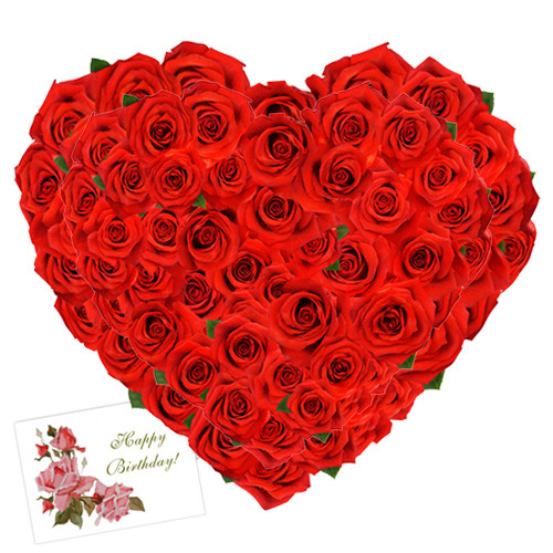 Roses Heart - 50 Red Roses Heart Shaped Arrangement + Card
