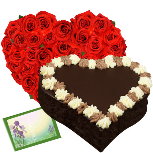 Hearty Treat - 50 Red Roses Heart Shaped + Chocolate Heart Cake 1 kg + Card