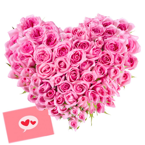 Romantic Heart - 100 Pink Roses Heart Shaped Arrangement + Card