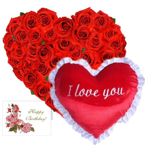 Red Heart - 30 Red Roses Heart Shaped Arrangement + Heart Shaped Pillow + Card