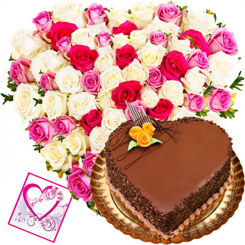 Choco Heart - 50 Mix Roses Heart Shaped Arrangement + Chocolate Heart Cake 1 kg + Card