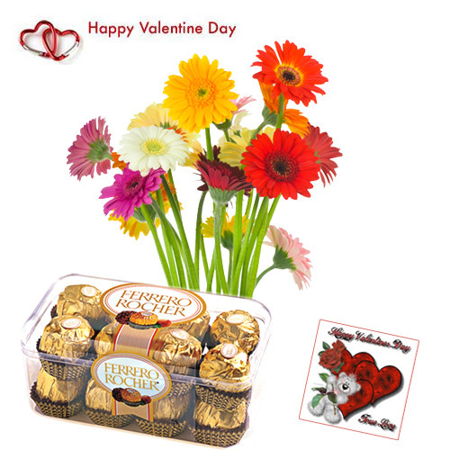 Valentine Surprise - 15 Mix Gerberas Bunch, Ferrero Rocher 16 pcs and Card