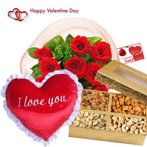 Valentine Sweet Heart- 15 Red Roses, Heart Shape Pillow 8", Assorted Dryfruit 400 gms in Box