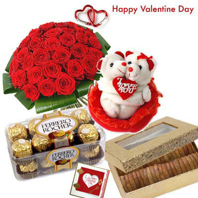 Valentines Dryfruit Hamper - 40 Red Roses in Bunch, Couple Teddy 8", Ferrero Rocher 16 pcs, Anjir 200 gms in Box and Card