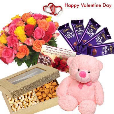 Valentines Mix Treat - 12 Mix Roses Bunch, Cashew & Almond 400 gms, 5 Dairy Milk 13 gms each, Teddy 8" and Card