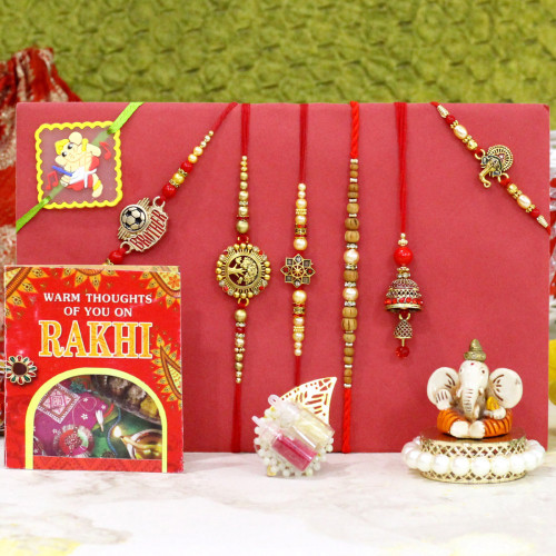 Rakhi Family Set - Auspicious Rakhi with Sandalwood, Diamond, Pearl, Lumba and 2 Kids Rakhis