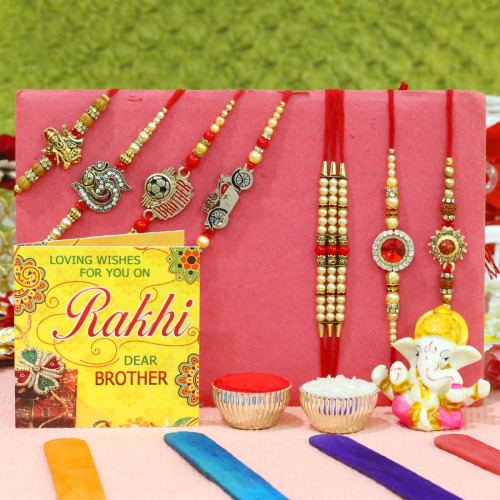Rakhi Family Set - Auspicious Rakhi with Sandalwood, Rudraksha, Diamond, Pearl and 2 Kids Rakhis
