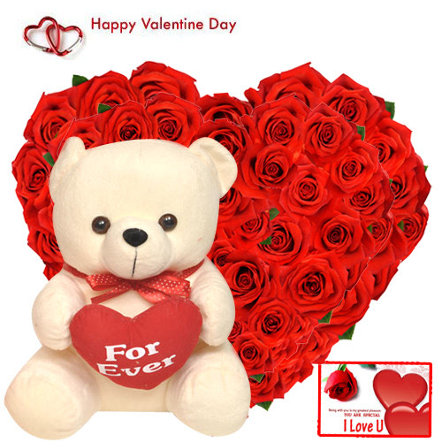 Valentine Lovable Combo - 50 Red Roses Heart + Teddy with Heart 10" + Card