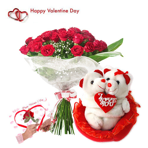 Hugging Teddy & Roses - 15 Red Roses Bouquet + Hugging Teddy + Card