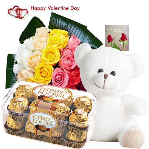 Cute Valentine Gift - 20 Mix Roses + Teddy 6 inch + Ferrero 4 pcs + Card