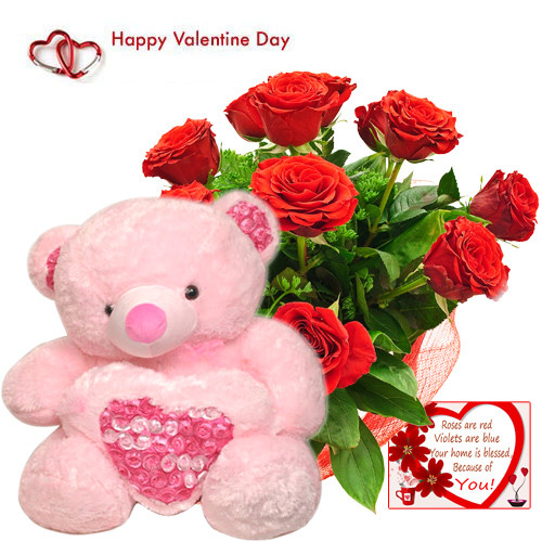 Valentine Love Gift - 12 Red Roses + Heart Soft Toy 8" + Card