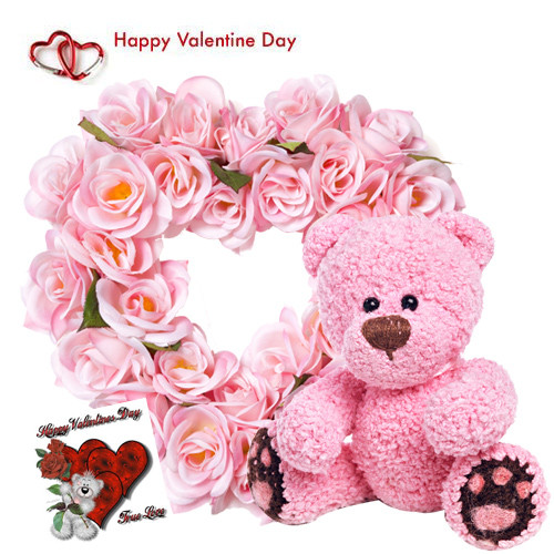 Pink Valentine Teddy - 25 Pink Roses Heart Shape + Pink Teddy 6" + Card