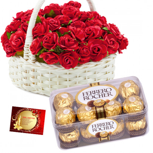 Basket with Ferrero - 50 Red Roses in Basket, Ferrero Rocher 16 Pcs + Card