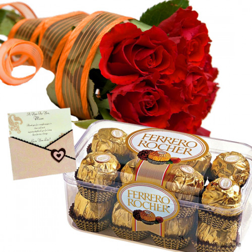 Roses with Ferrero - 15 Red Roses Bunch, Ferrero Rocher 16 Pcs + Card