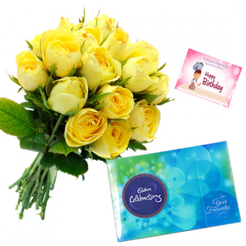 Rosey Celebrations - 6 Yellow Roses Bunch, Cadbury Celebration + Card